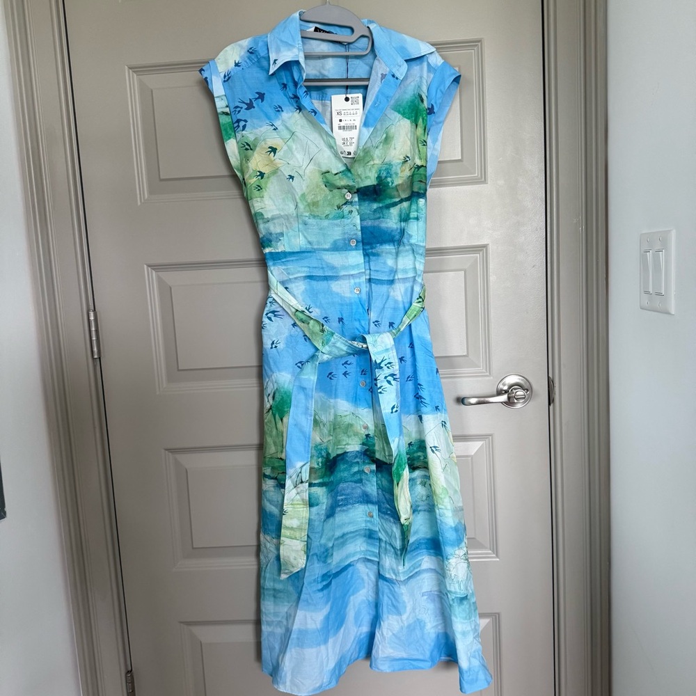 NWT Zara women’s blue green coastal print sleeveless button down shirt dress XS